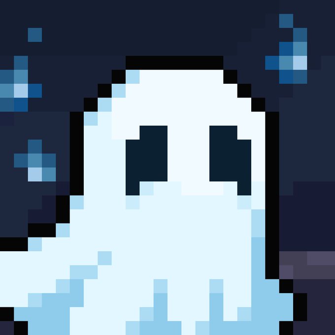 A pixel art illustration of a light blue ghost with black eyes against a dark blue starry night background.