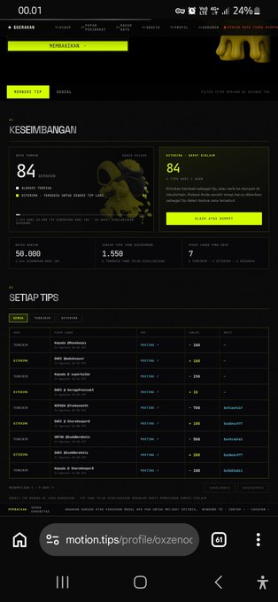 This image shows a screenshot of the Motion.tips profile page, displaying numbers like "84", "50.000", "1.550", and "7", along with transaction details. The text "motion.tips/profile/oxzeno" is visible in the URL bar at the bottom.