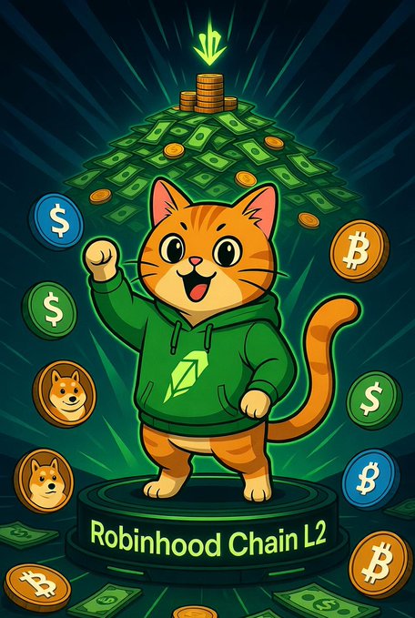 A cartoon illustration of a cheerful orange tabby cat wearing a green hoodie, standing in front of a pile of cash and coins with cryptocurrency symbols (Bitcoin, Dogecoin, Dollar) floating around, labeled 'Robinhood Chain L2'.