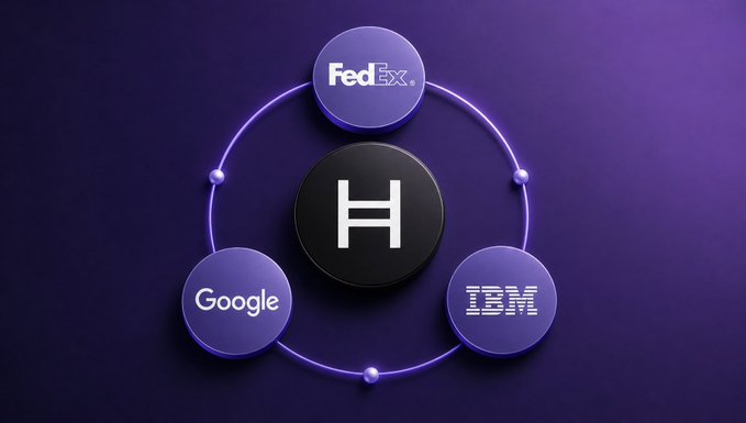 The image features a central black circle with a white "H" logo, surrounded by three purple circles labeled "FedEx," "Google," and "IBM," all connected by orbital rings against a dark purple background. The graphic visually illustrates the post's message about major corporations like Google, FedEx, and IBM being part of the Hedera network, emphasizing their shared involvement in the platform.