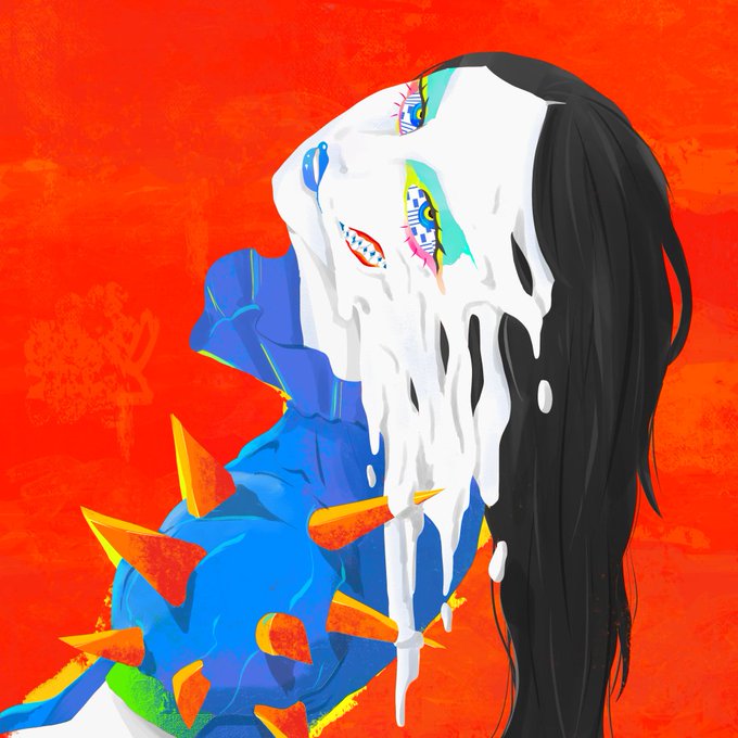 A stylized digital artwork featuring a figure with long black hair wearing a blue outfit with orange spikes, the face covered/melting in white with colorful paint details, set against a bright red background.