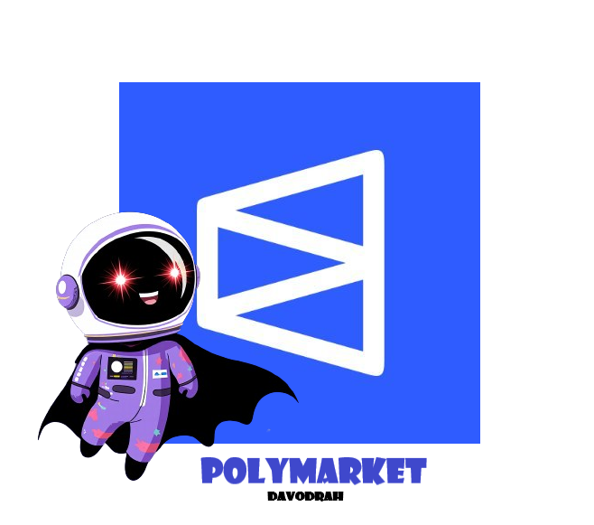 A cartoon astronaut character with glowing red star-shaped eyes stands in front of a blue square featuring a white 'W' logo, with the text 'POLYMARKET' and 'DAVODRAH' below.