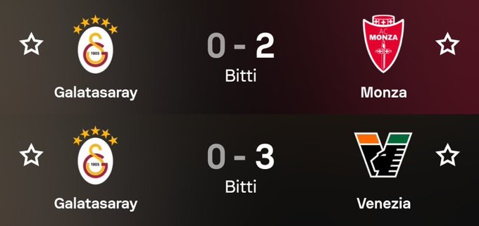 The image displays two match scoreboards showing Galatasaray's losses, with a 0-2 defeat against Monza and a 0-3 loss to Venezia, both labeled "Bitti" (Finished). This visually supports the caption "Boşuna konuşmuyoruz." ("We're not talking in vain."), implying that Galatasaray's poor results validate a previous warning or criticism.