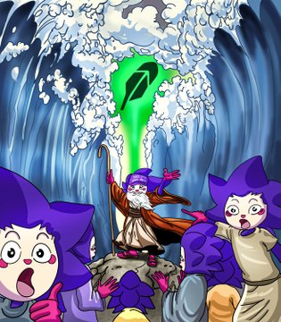An illustration depicts a wizard holding a green staff, splitting massive ocean waves apart like Moses, while cartoon characters with purple hair watch in awe from the foreground.