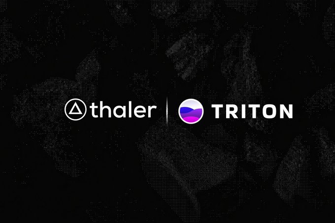 A black background image displaying two company logos side by side: 'thaler' with a triangular icon and 'TRITON' with a purple circular icon, separated by a vertical line.