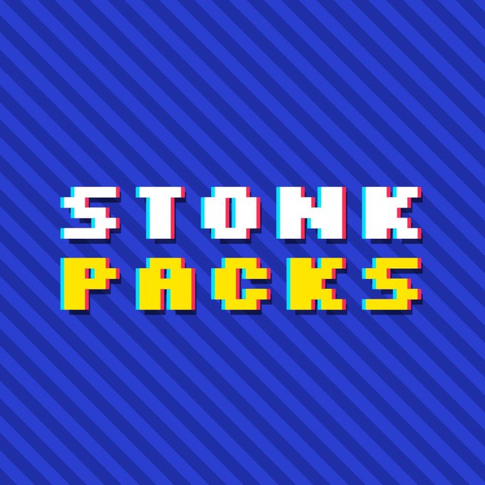Pixel-art style text reading 'STONK PACKS' in white and yellow letters against a blue diagonally striped background.