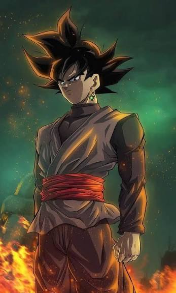 An anime illustration of a character with spiky black hair, wearing a martial arts outfit with a red sash, standing before a fiery background with a green aurora.