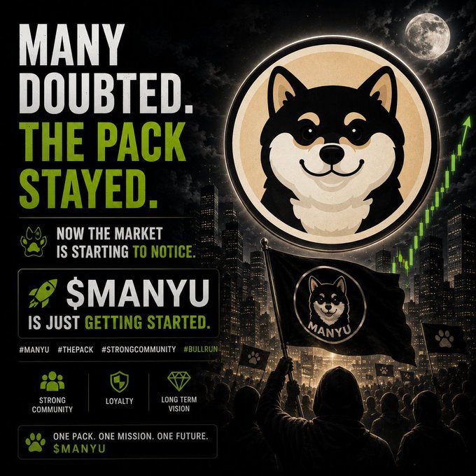 A promotional crypto graphic featuring a Shiba Inu dog logo with text 'MANY DOUBTED. THE PACK STAYED. NOW THE MARKET IS STARTING TO NOTICE' for the token $MANYU.