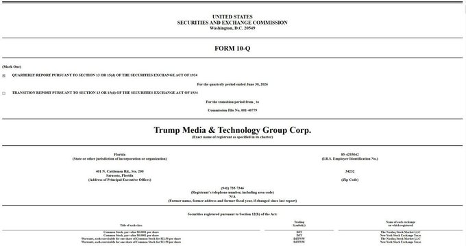 This image shows the cover page of Trump Media & Technology Group Corp.'s (ticker DJT) Form 10-Q quarterly report filed with the SEC from Washington D.C., with the Commission File No. 001-40779, registering common stock under Section 12(b) of the Securities Exchange Act of 1934.