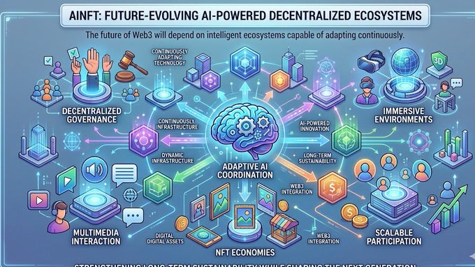 The image shows a large blue chart with various icons representing different aspects related to the concept of AI-powered decentralized ecosystems. The chart displays the evolution of AI, its impact on economic systems, and the ongoing development of these systems over time. It also includes the words "AINFT", "future", "evolving AI", and "adapting continuously" in the text. This visual representation aims to provide a comprehensive understanding of the topic by illustrating how AI is expected to shape and transform the future of economies and technology.