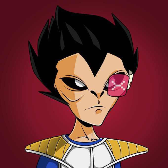 A digital illustration of the Dragon Ball character Vegeta wearing his Saiyan armor, featuring spiky black hair and a pink pixelated scouter over his left eye against a red background.
