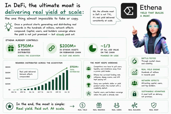 An Ethena infographic outlining how "real yield" serves as a sustainable moat in DeFi, claiming $750M+ in rewards distributed, $200M+ locked on Robinhood Chain, and roughly one-third of all USD value on the chain. The chart shows rewards distributed rising from ~$50M in January 2024 to over $750M by July 2025, reinforcing the accompanying post's argument that a proven moat grounded in real, paid-out yield is nearly impossible to replicate.