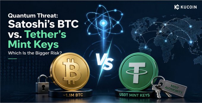 The image is a KuCoin infographic titled "Quantum Threat: Satoshi's BTC vs. Tether's Mint Keys - Which Is the Bigger Risk?", depicting a Bitcoin coin labeled "~1.1M BTC" with a lock versus a Tether (USDT) coin labeled "USDT MINT KEYS" with a "MINT AUTHORITY" key, alongside a quantum atom symbol. It visually illustrates the post's comparison between quantum attack risks on Satoshi's 1.1M BTC holdings versus Tether's USDT mint keys as the more serious systemic threat.