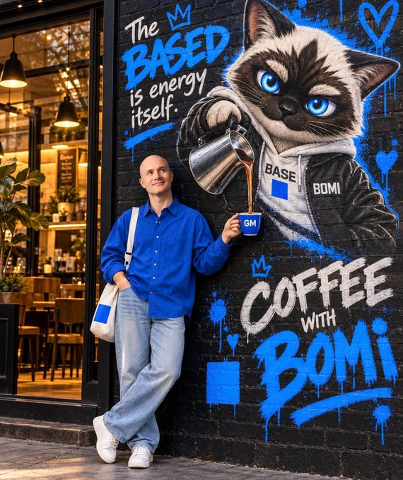 A man in a blue shirt poses beside a vibrant graffiti mural of a cat pouring coffee, with the text 'The BASED is energy itself' and 'COFFEE WITH Bomi' painted on the side of a café.