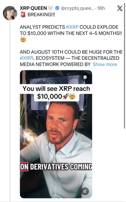 An X (Twitter) post by @crypto_queen claiming an analyst predicts XRP could explode to $10,000 within the next 4-5 months, with a video thumbnail stating 'You will see XRP reach $10,000' and 'ON DERIVATIVES COMING'.