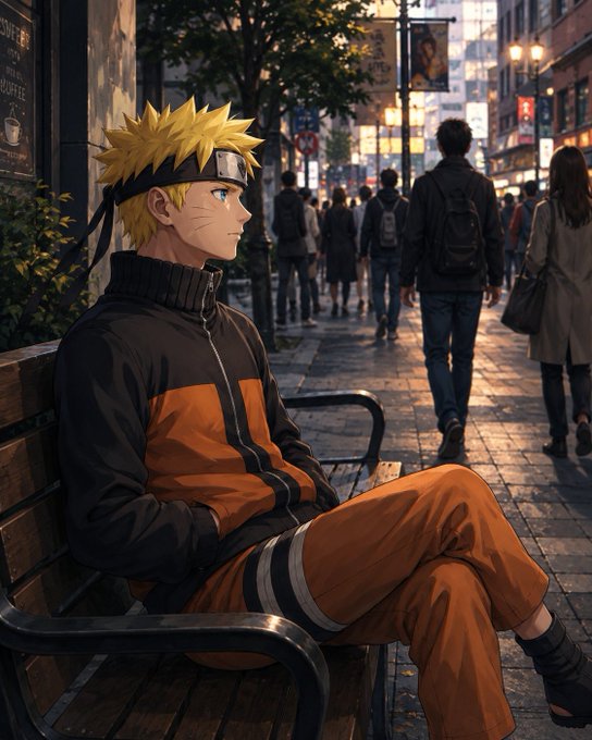 An anime-style illustration of a blonde-haired character wearing an orange and black jacket sits on a bench, watching people walk down a city street.