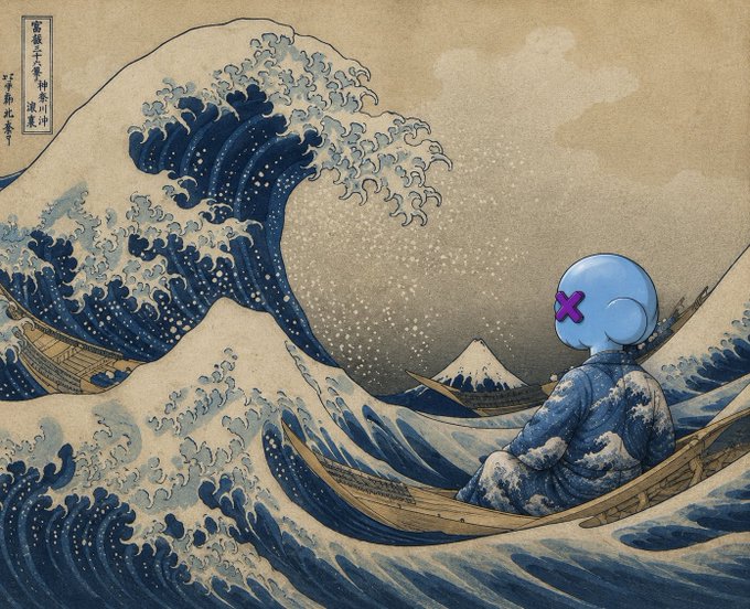 A parody of Hokusai's "The Great Wave off Kanagawa" featuring a blue cartoon character with an X for one eye, riding a boat amid towering waves, with the original Japanese text visible in the upper-left cartouche. The post riffs on the artwork's "unstoppable wave" imagery to hype NFT minting and TCG pack giveaways.