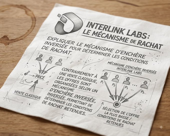 A crumpled paper document in French titled 'INTERLINK LABS: LE MÉCANISME DE RACHAT' with hand-drawn diagrams explaining an inverse auction mechanism (mécanisme d'enchère inversée).