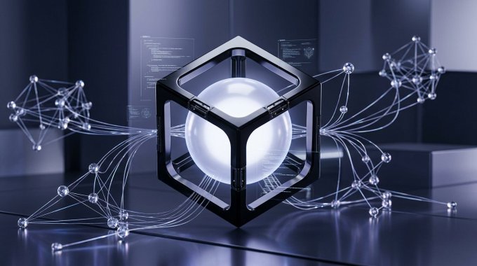A glowing white sphere encased within a black geometric cube frame sits at the center of the image, surrounded by floating network nodes connected by luminous web-like threads and holographic code displays. The image visualizes the post's critique of web3 development as overengineered and redundant—much like the elaborate, complex structure shown, developers build intricate custom solutions instead of using standardized components.