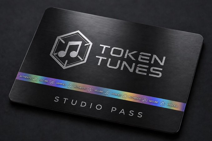 A black "studio pass" card with the text "TOKEN TUNES" and a music note logo, featuring a holographic strip that reads "AUTHENTIC," "SECURE," and "VERIFIED."