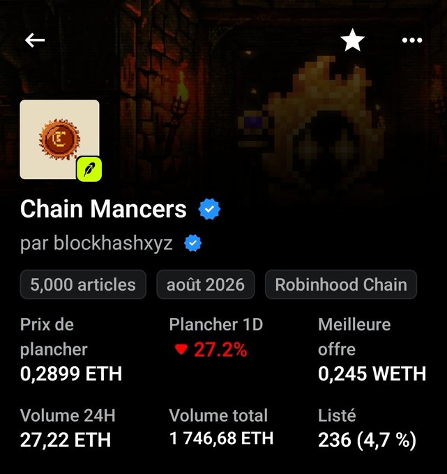A mobile app screenshot showing an NFT collection called 'Chain Mancers' by blockhashxyz, listed on Robinhood Chain with 5,000 articles, a floor price of 0.2899 ETH, and 27.22 ETH 24H volume.