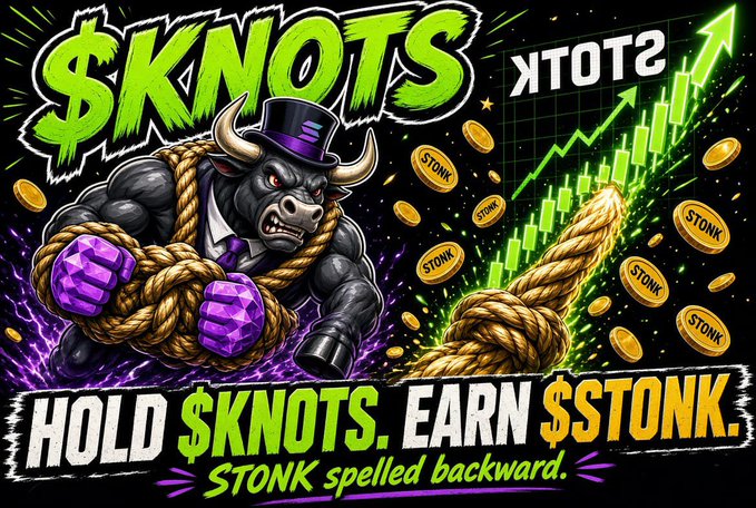 A promotional graphic for the $KNOTS cryptocurrency token, featuring a muscular bull character in a top hat with purple crystal fists and the tagline 'HOLD $KNOTS. EARN $STONK. STONK spelled backwards.'