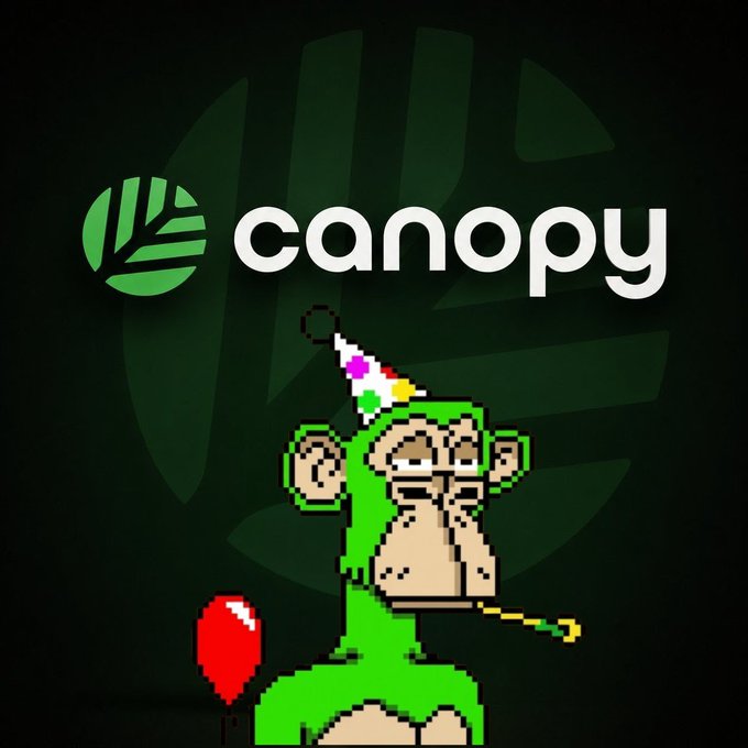 A promotional graphic featuring the 'canopy' logo above a pixel art illustration of a green monkey wearing a party hat and holding a balloon.