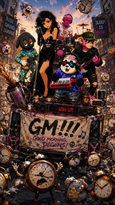A vibrant, chaotic digital illustration depicts a street band performing, featuring a central female singer in a black dress, a drummer in sunglasses, a guitarist, and a dog with a keyboard, surrounded by flying alarm clocks and a banner reading 'GM!!! Good Morning Degens!'