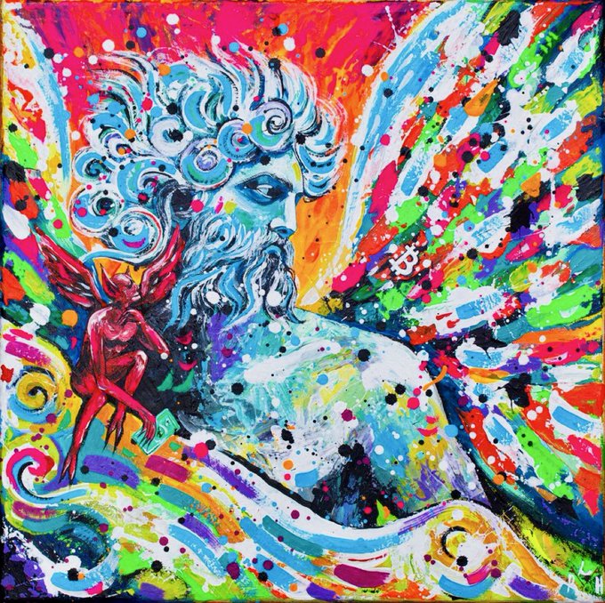 A vibrant, colorful painting depicts a blue-bearded, curly-haired mythological figure alongside a small red demon-like creature, set against a splatter-painted rainbow background.