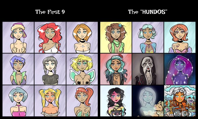 A character lineup chart titled 'The First 9' and 'The HUNDOS', displaying 18 illustrated female character portraits in a grid format with various outfits and designs.