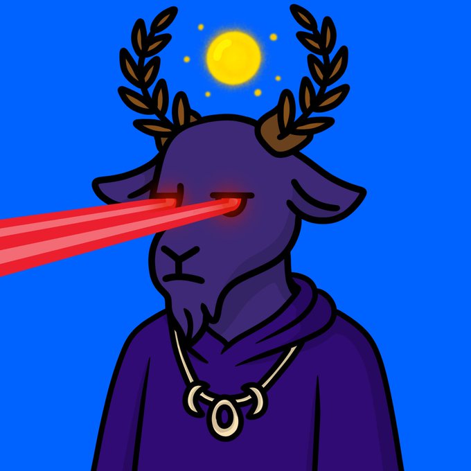 A digital illustration shows a purple goat-headed figure with golden antlers and a medallion necklace, emitting red laser beams from its eyes against a blue background.
