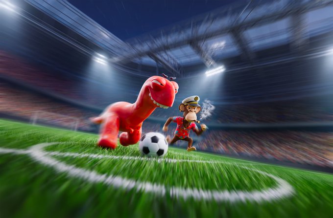 A cartoon monkey in a sailor hat and a red T-Rex battle over a soccer ball on a stadium field under bright lights, visually capturing the playful "BAYC vs. Claynosaurz" showdown referenced in the post about the Otherside Cup tournament victory.