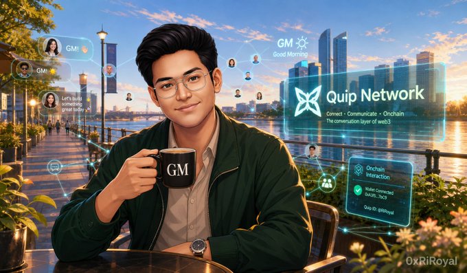 A digital illustration shows a young man with glasses holding a 'GM' coffee mug, surrounded by floating 'GM!' chat bubbles and 'Quip Network' and 'Onchain Interaction' interface panels.