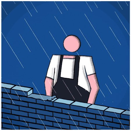 The image features an illustration of a man standing next to a brick wall, with rain falling around him. The scene depicts a rainy day outdoors, possibly during a storm or heavy rainfall. The man appears to be wearing overalls, which adds to the authenticity of the scene. The image does not contain any text and focuses on the man's presence against the backdrop of the brick wall and the rain.