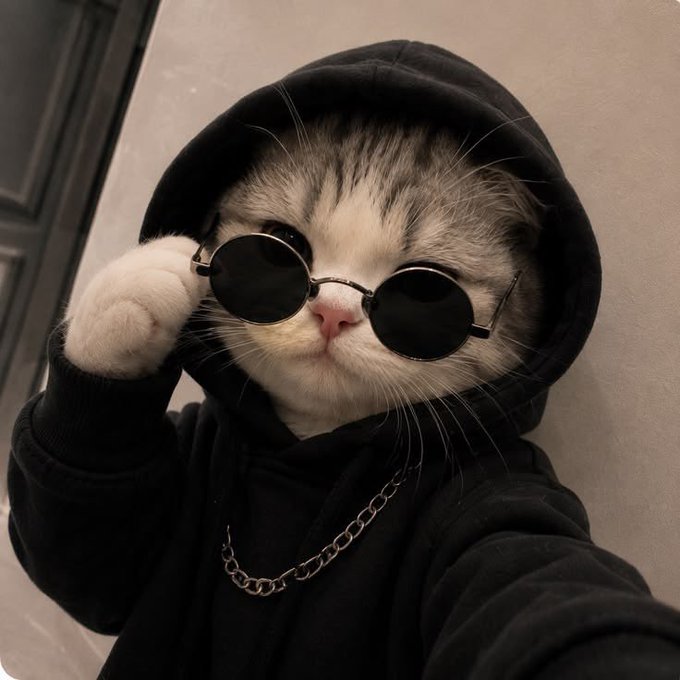 A fluffy white and grey cat wearing a black hoodie, a silver chain necklace, and round black sunglasses poses for the camera.