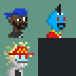 A pixel art image displays three character sprites against a teal background, including a blue-capped figure, a red robot-like creature, and a character with a red and yellow hat.