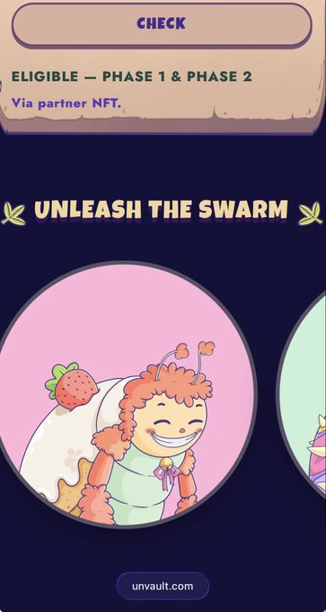 A mobile app screenshot showing an 'UNLEASH THE SWARM' section with an NFT eligibility check for Phase 1 & Phase 2, featuring a cartoon character with orange hair and a strawberry.