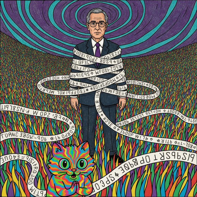 A man resembling Federal Reserve Chair Jerome Powell stands motionless in a surreal, colorful field beneath swirling purple skies, wrapped in flowing ribbons of stock ticker tape displaying cryptic text like "BISQP$RT PP $GPCO" and scrambled symbols. At his feet sits a rainbow-striped cat with bright green eyes, accompanying the post's dreamlike vision of Powell bound by endless financial data beside a "$GASS" ticker reference.