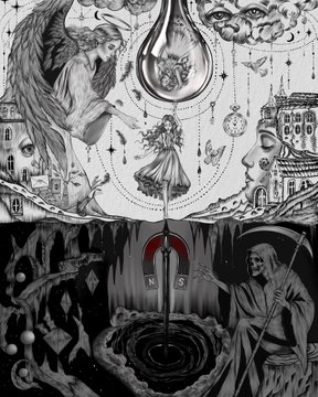 A detailed black and white surreal illustration featuring a girl floating inside a lightbulb, a giant owl with a goat's face, a compass, a Grim Reaper-like figure, and various architectural elements.