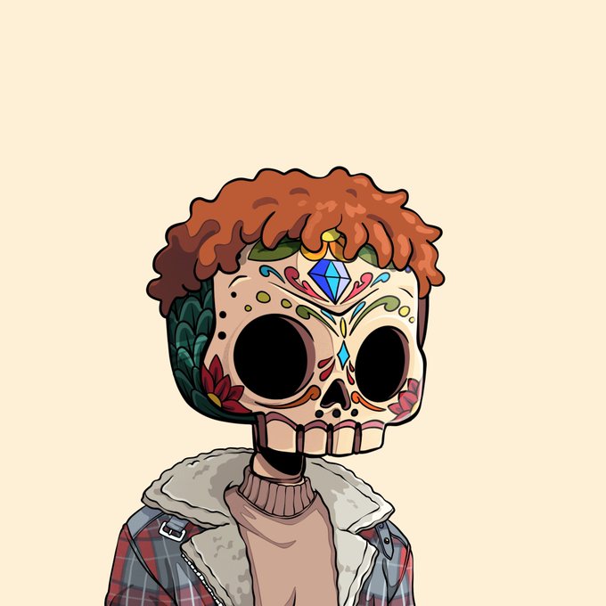 A stylized illustration depicts a character with curly red hair wearing a sugar skull mask adorned with colorful floral and gem designs, dressed in a plaid jacket with a fur-lined hood and a pink sweater. The image represents the Ded Gorgez NFT that the poster received as a goodwill airdrop after being affected by a rug pull on their Yugen NFT.