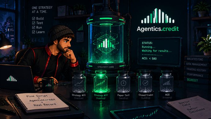 A promotional graphic for "Agentics.credit" featuring a man thinking at a laptop beside a glowing green "STRATEGY CORE" chamber, with labeled jars showing Strategy #01 (Inactive), Strategy #02 (Pending), Paper Test, Closed Trades, and ACS, alongside a "Pine Script" notebook and status panel showing "ACS < $80".