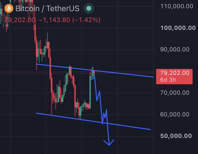A bearish Bitcoin/USDT chart shows BTC at $79,202.00, down 1.42% (-$1,143.80), with a descending wedge pattern and a blue arrow pointing toward a projected target of $49,000, reinforcing the post's bearish thesis that BTC could drop significantly from its current range.