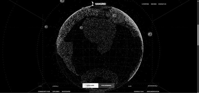 The image displays the VanGrid website featuring a digital globe composed of white dots against a black background, illustrating spatial data capture points. Navigation links such as "EXPLORER," "DISCOVER," and "CONNECT/GET" are visible at the top, with "VANGRID" branding centered, visually representing the platform's mission to provide a verifiable, location-based digital fingerprint for captured video content.