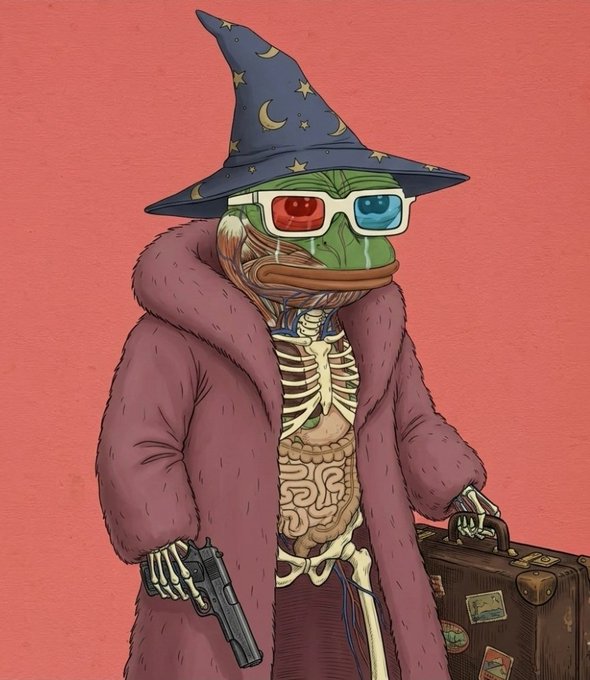 The image features a cartoon frog with a skeleton costume, wearing glasses and holding a gun. The frog appears to be dressed as a wizard or witch, complete with a hat and robe. There are also several suitcases visible in the scene, suggesting that the frog might be on an adventure or journey. The post reads: "my pepe(s), locked, loaded, and in order." This phrase is likely meant to describe the frog's appearance as a skeleton costume, complete with glasses and a gun, and it seems to be related to the image of the cartoon frog.