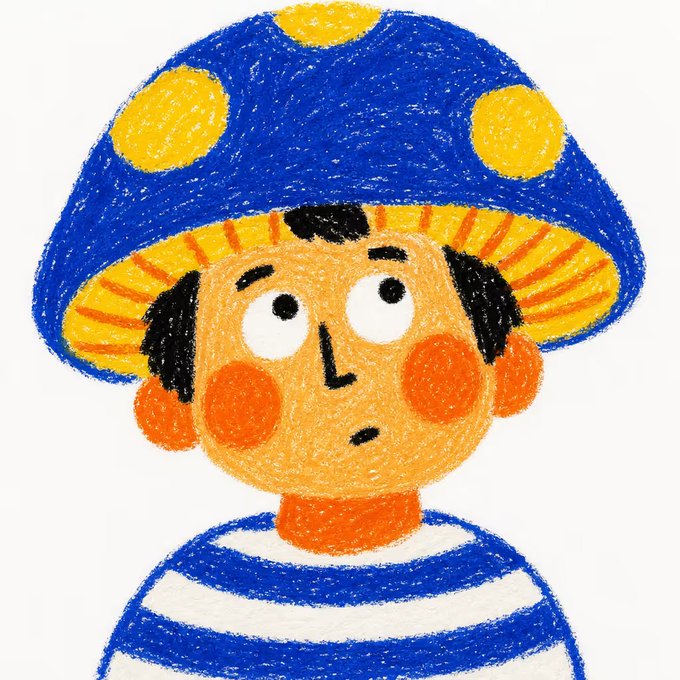 A child's crayon drawing of a person with rosy cheeks, wearing a blue and yellow polka-dot mushroom-shaped hat and a blue and white striped shirt.