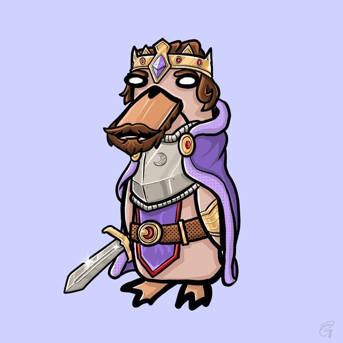 A cartoon illustration of a penguin wearing a king's crown, purple cape, and armor, holding a sword in its beak against a light purple background.