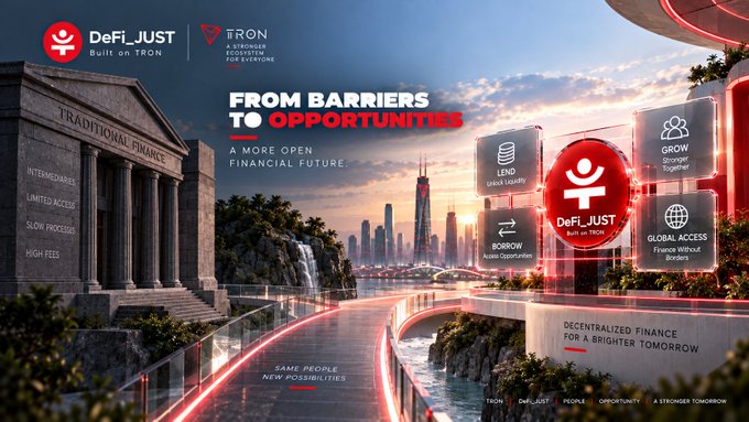 A promotional banner for DeFi_JUST (built on TRON) titled "FROM BARRIERS TO OPPORTUNITIES" advertising decentralized finance features like Lend, Borrow, and Grow.