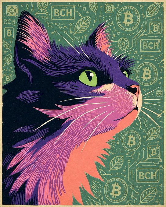 A stylized, colorful illustration of a cat's face in profile, surrounded by a green background patterned with Bitcoin Cash (BCH) logos, Bitcoin (BTC) symbols, and leaves.