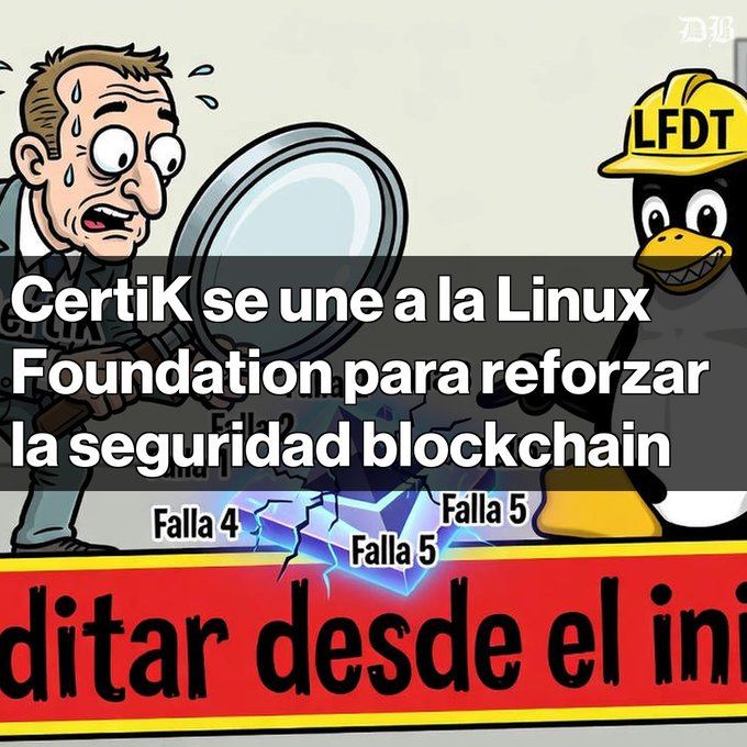 A meme image featuring the 'Linus Torvalds sweating' and 'LFDT Linux penguin' characters alongside Spanish text reading 'CertiK se une a la Linux Foundation para reforzar la seguridad blockchain'.