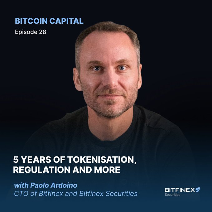 A podcast cover for 'BITCOIN CAPITAL Episode 28' featuring a man's portrait, with text '5 YEARS OF TOKENISATION, REGULATION AND MORE with Paolo Ardoino, CTO of Bitfinex and Bitfinex Securities', and the Bitfinex Securities logo.